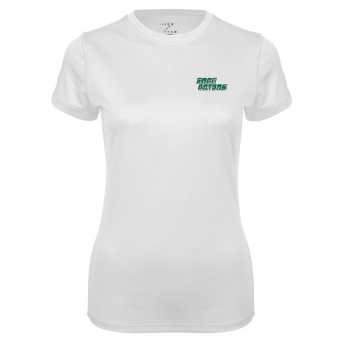  Womens White Performance Tee - Sage Gators Wordmark