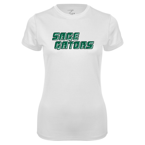  Womens White Performance Tee - Sage Gators Wordmark