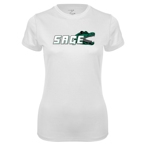  Womens White Performance Tee - Sage w/Gator Head