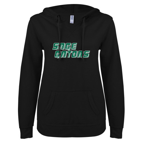  ENZA Womens Black V Notch Raw Edge Fleece Hoodie - Sage Gators Wordmark