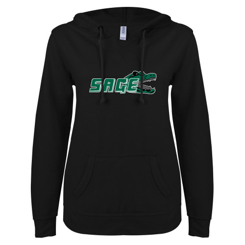  ENZA Womens Black V Notch Raw Edge Fleece Hoodie - Sage w/Gator Head