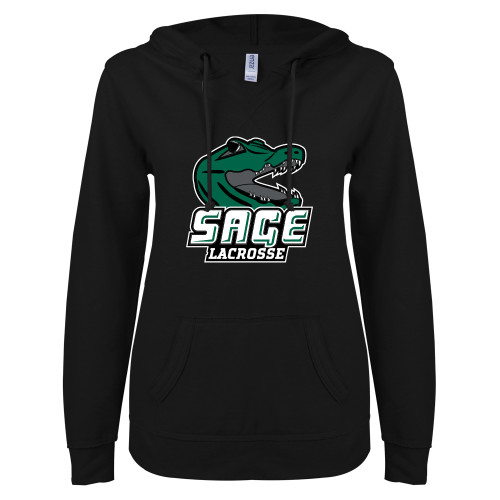  ENZA Womens Black V Notch Raw Edge Fleece Hoodie - Lacrosse