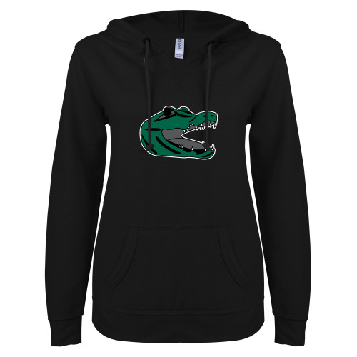  ENZA Womens Black V Notch Raw Edge Fleece Hoodie - Gator Head