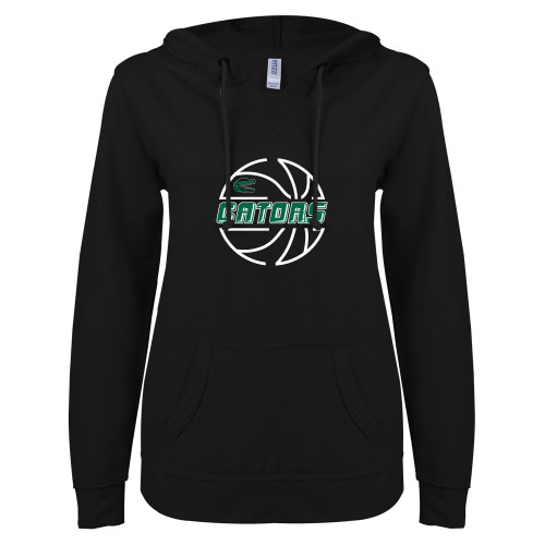  ENZA Womens Black V Notch Raw Edge Fleece Hoodie - Basketball in Ball