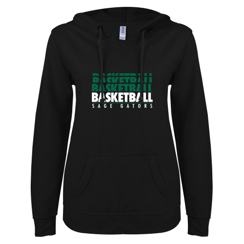  ENZA Womens Black V Notch Raw Edge Fleece Hoodie - Basketball Repeating