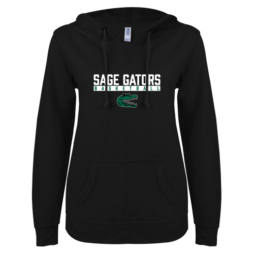  ENZA Womens Black V Notch Raw Edge Fleece Hoodie - Basketball in Bar