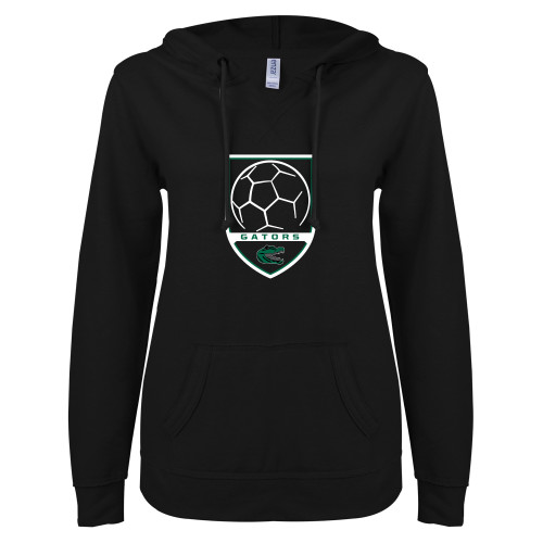  ENZA Womens Black V Notch Raw Edge Fleece Hoodie - Soccer Shield