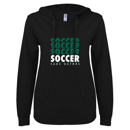  ENZA Womens Black V Notch Raw Edge Fleece Hoodie - Soccer Repeating