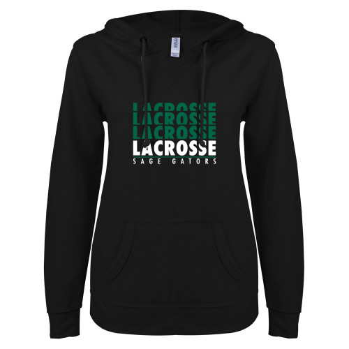  ENZA Womens Black V Notch Raw Edge Fleece Hoodie - Lacrosse Repeating
