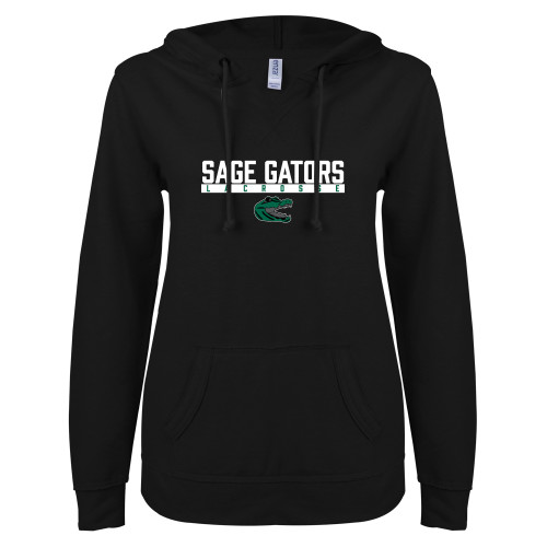  ENZA Womens Black V Notch Raw Edge Fleece Hoodie - Lacrosse in Bar