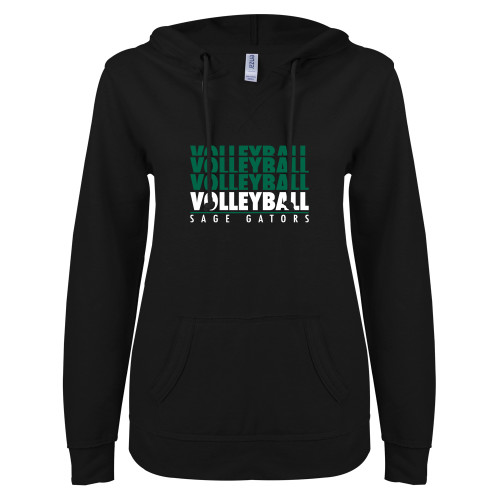  ENZA Womens Black V Notch Raw Edge Fleece Hoodie - Volleyball Repeating