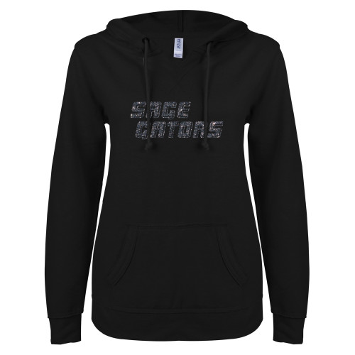 ENZA Womens Black V Notch Raw Edge Fleece Hoodie - Sage Gators Wordmark Graphite Soft Glitter