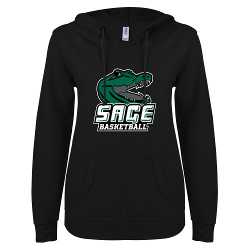  ENZA Womens Black V Notch Raw Edge Fleece Hoodie - Basketball