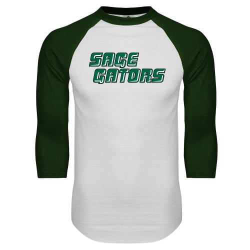  White/Dark Green Raglan Baseball T Shirt - Sage Gators Wordmark