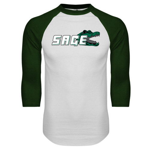  White/Dark Green Raglan Baseball T Shirt - Sage w/Gator Head