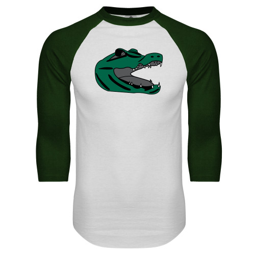  White/Dark Green Raglan Baseball T Shirt - Gator Head