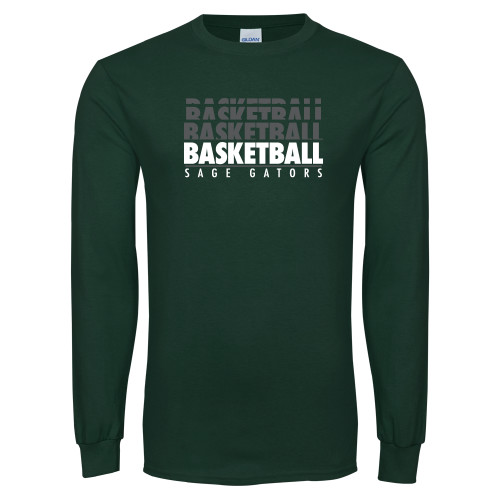  Dark Green Long Sleeve T Shirt - Basketball Repeating