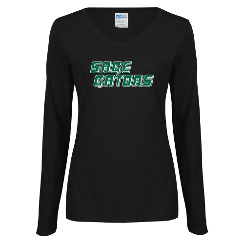  Womens Black Long Sleeve V Neck Tee  - Sage Gators Wordmark