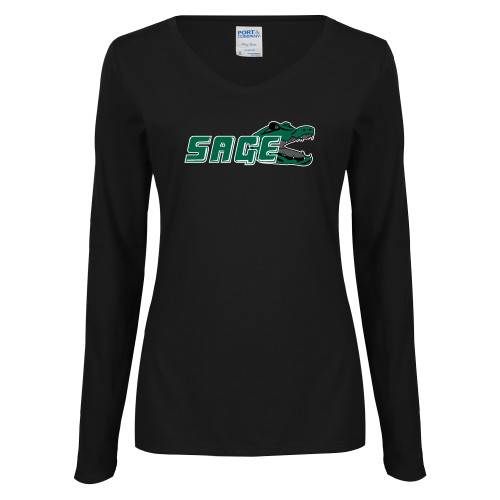 Womens Black Long Sleeve V Neck Tee  - Sage w/Gator Head
