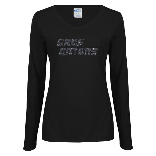  Womens Black Long Sleeve V Neck Tee  - Sage Gators Wordmark Graphite Soft Glitter