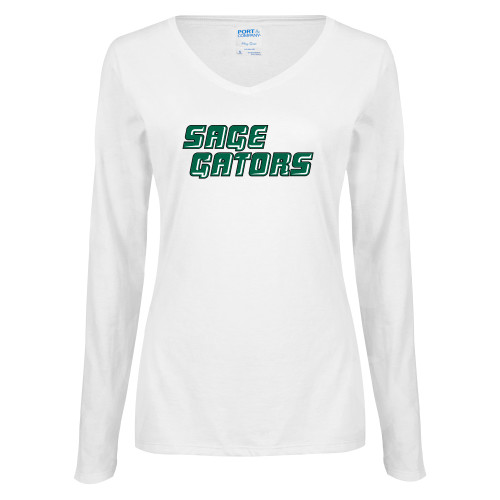  Womens White Long Sleeve V Neck Tee - Sage Gators Wordmark