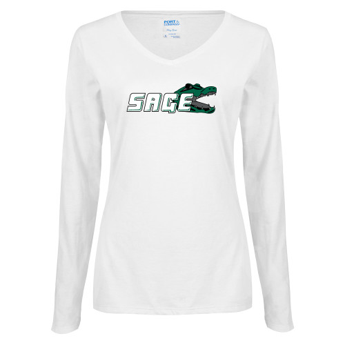  Womens White Long Sleeve V Neck Tee - Sage w/Gator Head