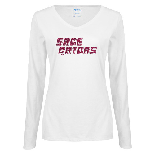  Womens White Long Sleeve V Neck Tee - Sage Gators Wordmark Hot Pink Glitter