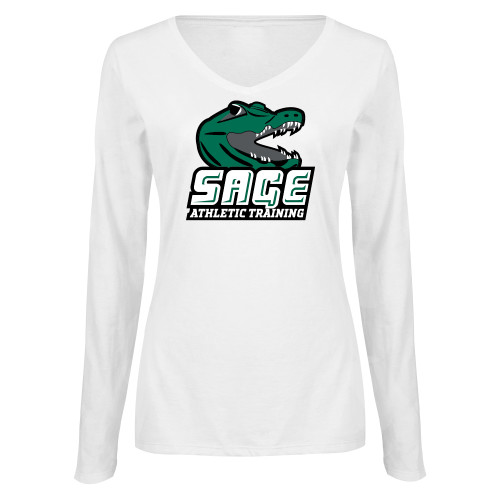  Womens White Long Sleeve V Neck Tee - Athletic Training