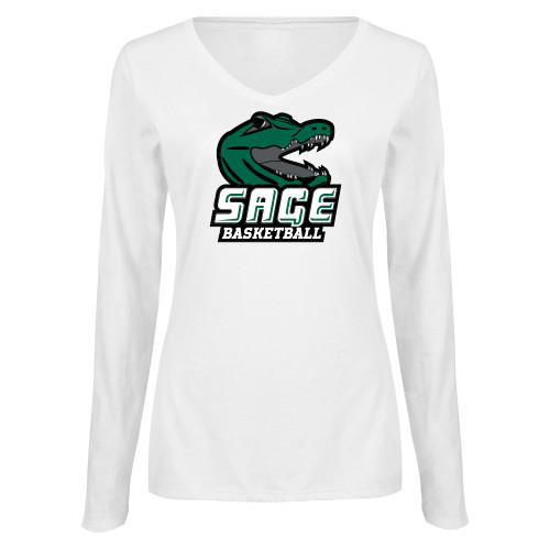  Womens White Long Sleeve V Neck Tee - Basketball