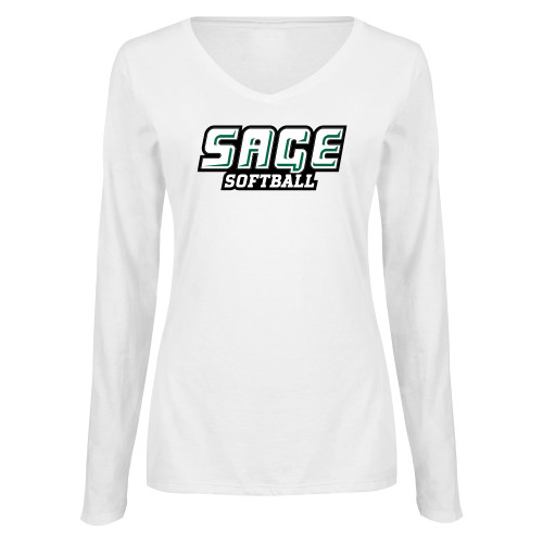  Womens White Long Sleeve V Neck Tee - Softball