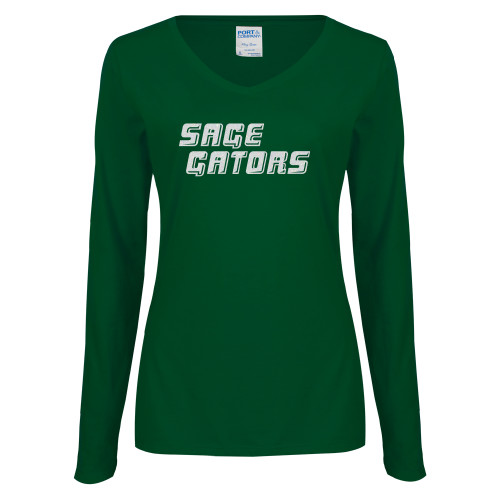  Womens Dark Green Long Sleeve V Neck Tee  - Sage Gators Wordmark White Soft Glitter