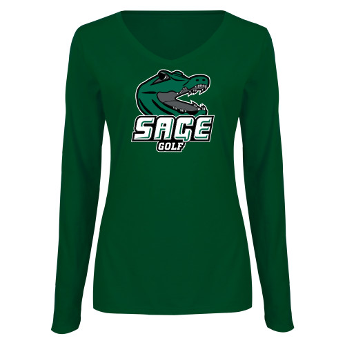  Womens Dark Green Long Sleeve V Neck Tee  - Golf