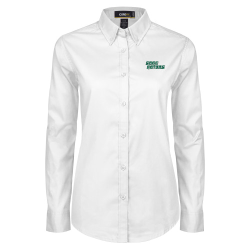  Womens White Twill Button Down Long Sleeve - Sage Gators Wordmark