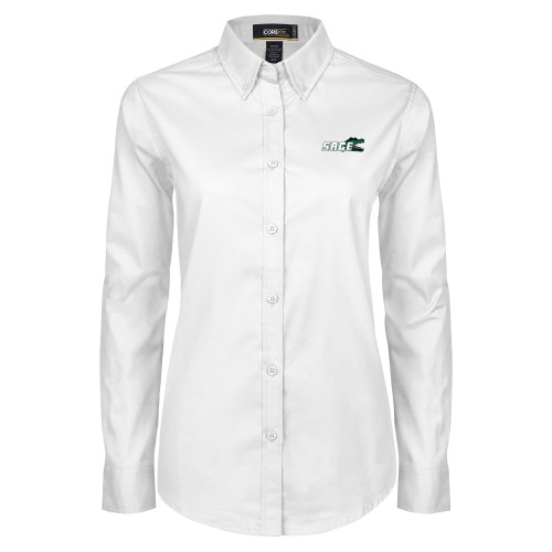  Womens White Twill Button Down Long Sleeve - Sage w/Gator Head