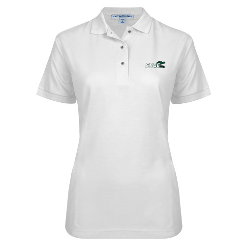  Womens Silk Touch White Pique Polo - Sage w/Gator Head