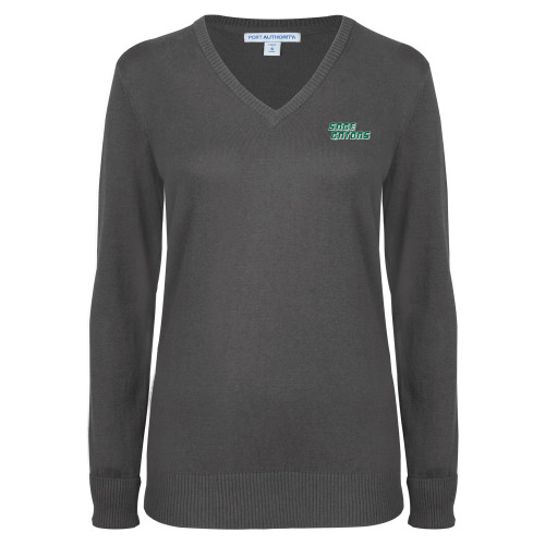  Womens Charcoal Heather VNeck Sweater - Sage Gators Wordmark