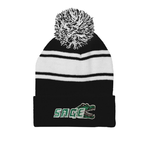  Black/White Two Tone Knit Pom Beanie w/Cuff - Sage w/Gator Head