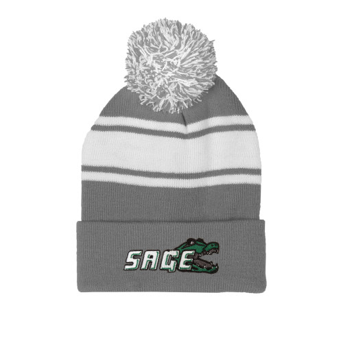  Grey/White Two Tone Knit Pom Beanie w/Cuff - Sage w/Gator Head