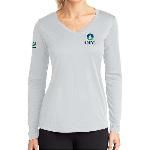  Womens White Performance Long Sleeve V Neck Shirt - OEC