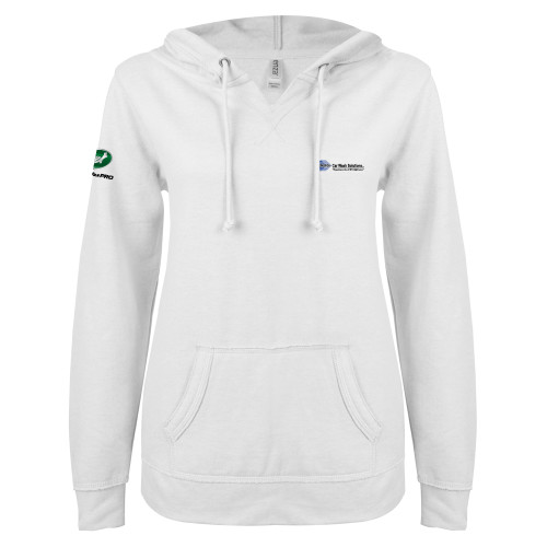  ENZA Womens White V Notch Raw Edge Fleece Hoodie - Advance Car Wash Solutions