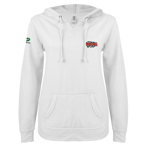  ENZA Womens White V Notch Raw Edge Fleece Hoodie - Protect It