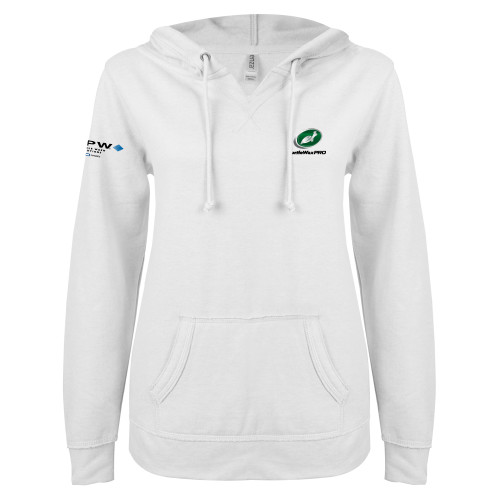  ENZA Womens White V Notch Raw Edge Fleece Hoodie - Turtle Wax Pro
