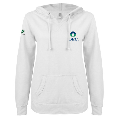  ENZA Womens White V Notch Raw Edge Fleece Hoodie - OEC