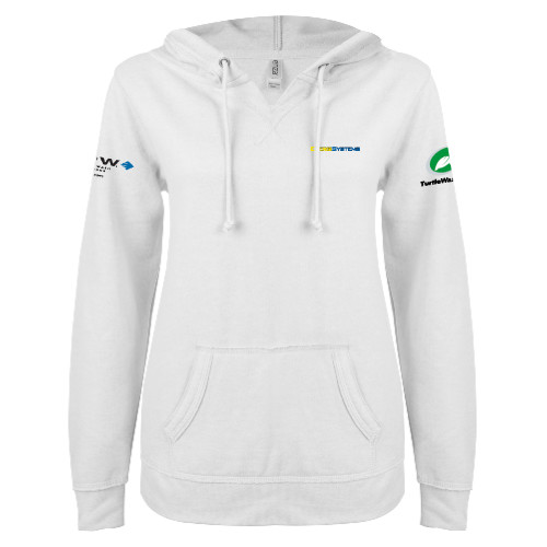  ENZA Womens White V Notch Raw Edge Fleece Hoodie - EnergiSystems Wordmark