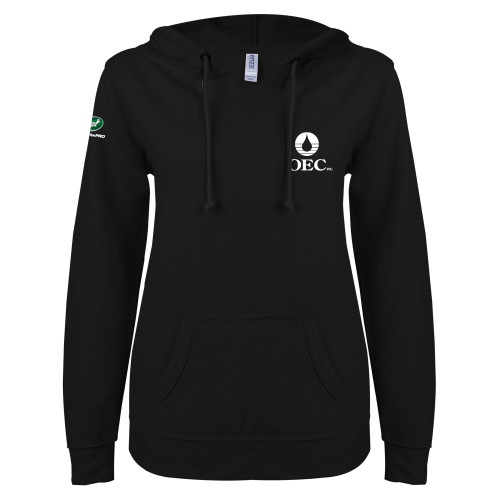  ENZA Womens Black V Notch Raw Edge Fleece Hoodie - OEC
