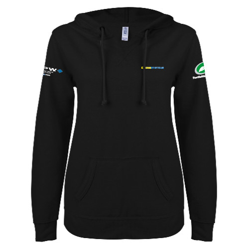  ENZA Womens Black V Notch Raw Edge Fleece Hoodie - EnergiSystems Wordmark