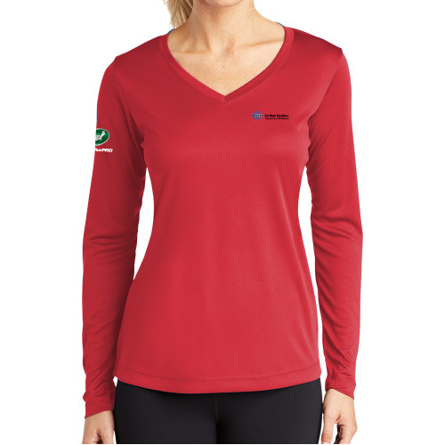  Womens Red Performance Long Sleeve V Neck Shirt - Advance Car Wash Solutions