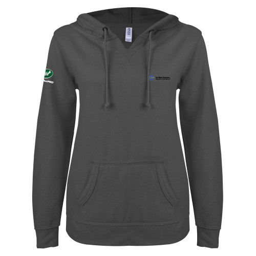  ENZA Womens Dark Heather V Notch Raw Edge Fleece Hoodie - Advance Car Wash Solutions