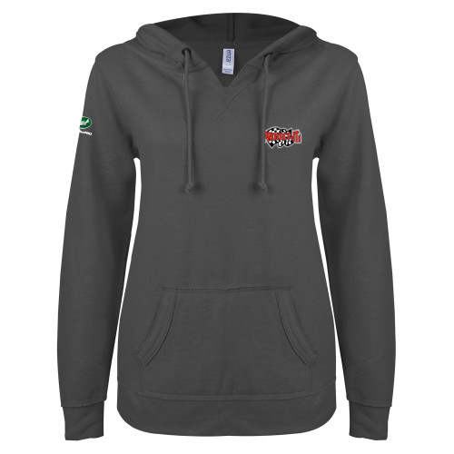  ENZA Womens Dark Heather V Notch Raw Edge Fleece Hoodie - Protect It