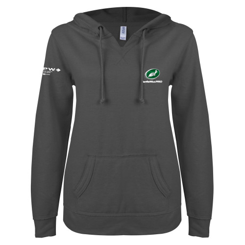  ENZA Womens Dark Heather V Notch Raw Edge Fleece Hoodie - Turtle Wax Pro